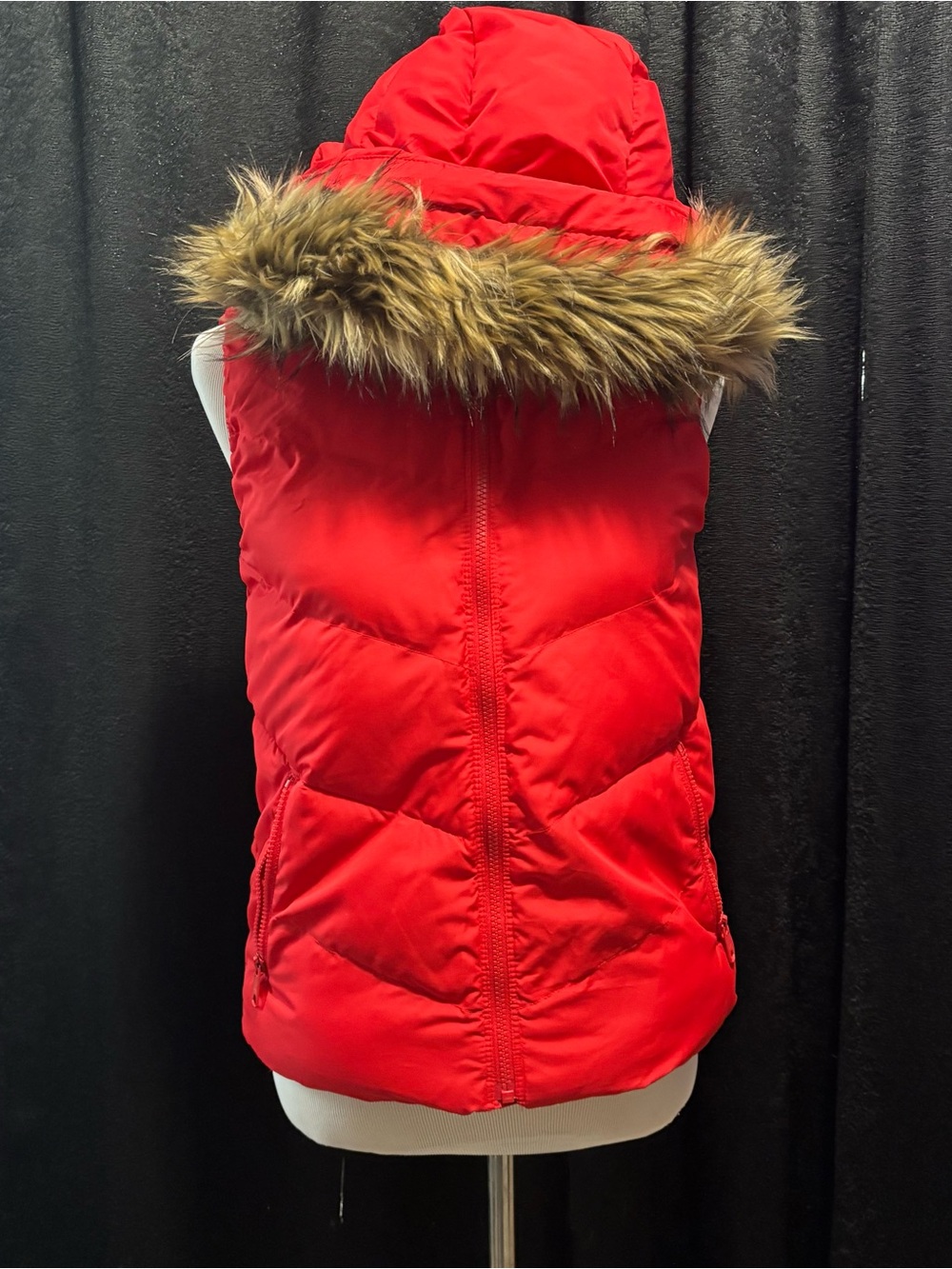 GAP Red Puffer Vest with Faux Fur Trim Hood